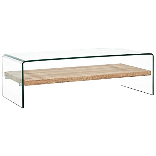 Mesa de centro de cristal transparente curvada, mesa de salón de cristal templado, mesa de centro moderna de 2 niveles clara y roble para el salón