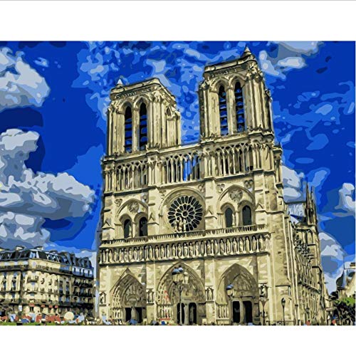 Hyllbb Diy pintura al óleo Francia Plaza Catedral Cielo Diy Colorear Por Números Pinturas Para Sala De Pared-40 * 50Cm,With Frame