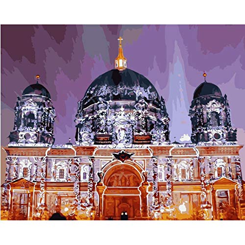 Hyllbb Diy pintura al óleo Alemania Berlín Catedral Vista Nocturna De La Ciudad Diy Coloreado Por Números Decoración De Pared Pintura-40 * 50Cm,With Frame