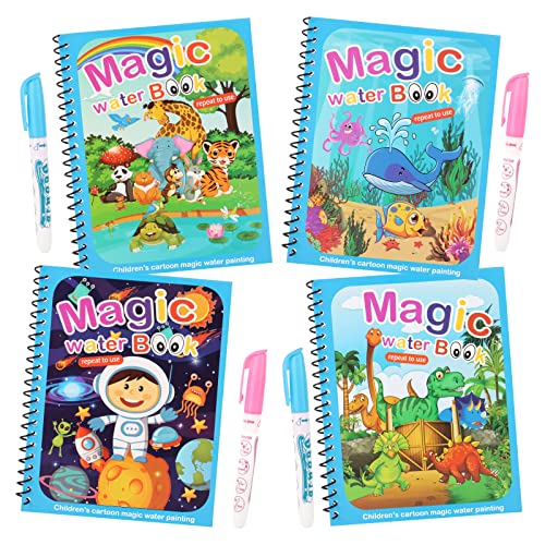 4 Piezas Libro Magico Agua, Magic Water Book Libro Infantil Pintar con Agua, Reutilizable Libro para Colorear con 4 Bolígrafos Educativo Doodle Pintar Juguetes para Niños
